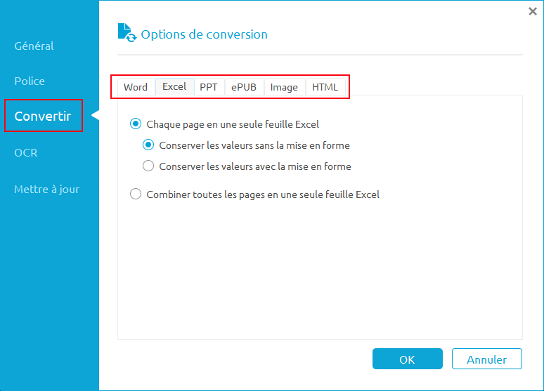 options de convertion