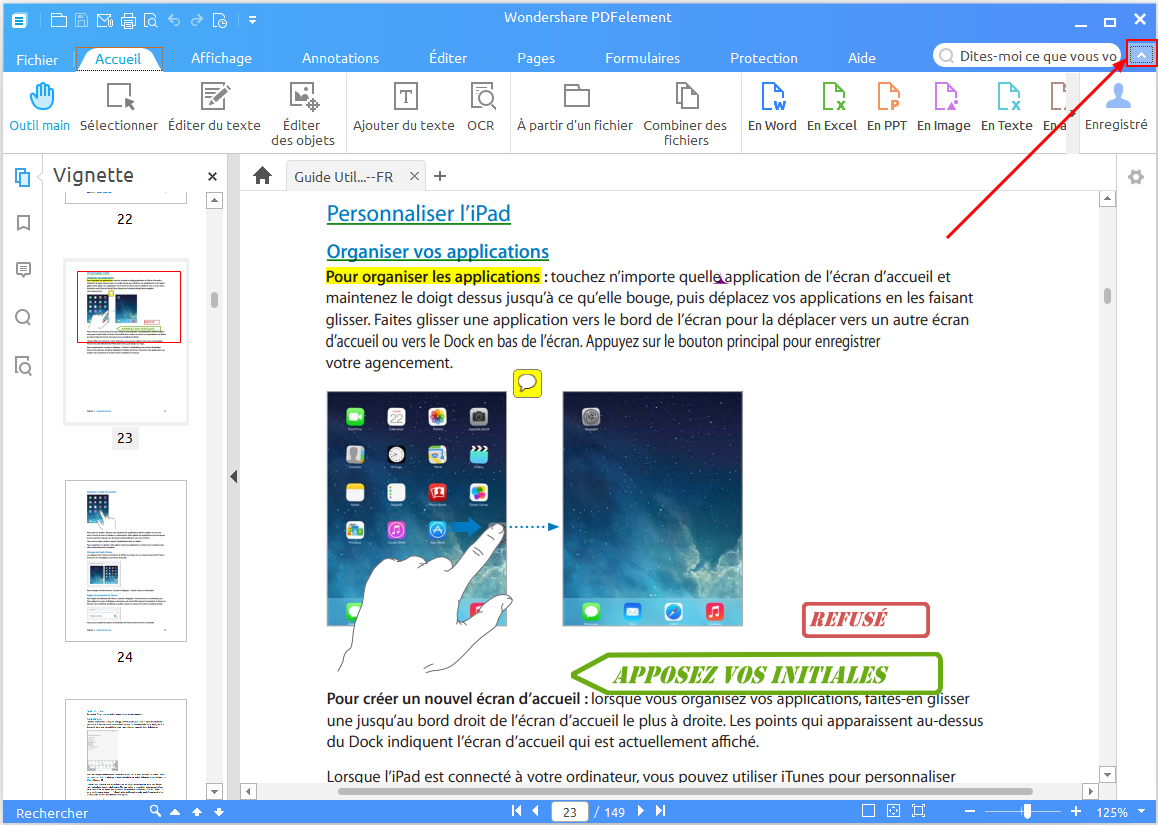 pdfelement afficher barre d'outils