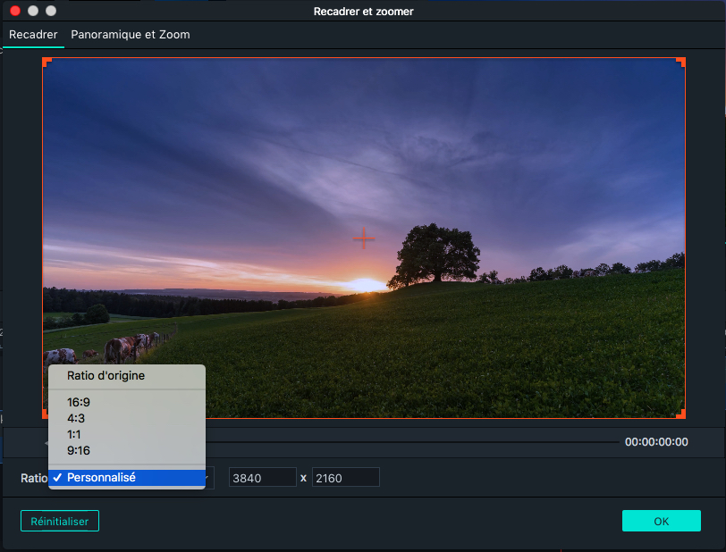 Interface de recadrage de clips vidéo dans Filmora Mac