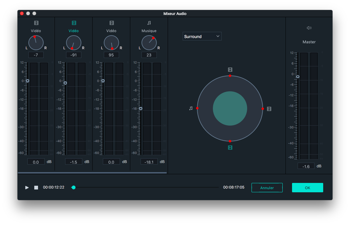 Ajustement audio mixeur Filmora 9 Mac 2